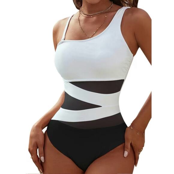 Blooming Jelly Black White One Shoulder Mesh Panel One Piece Swimsuit Women’s XL - Picture 2 of 6